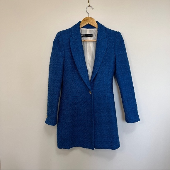 Zara Longline Blue Blazer Tweed Size XS - Picture 3 of 7